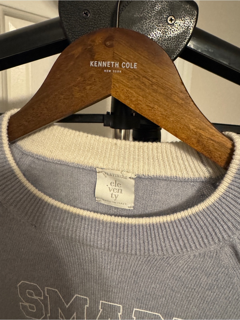 Eleventy Light Blue Crewneck Sweater with Cream Contrast Collar